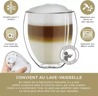 Verre Double Paroi 350ml - Résistant à la Chaleur et aux Chocs - Idéal pour  Café, Thé, et Boissons Froides